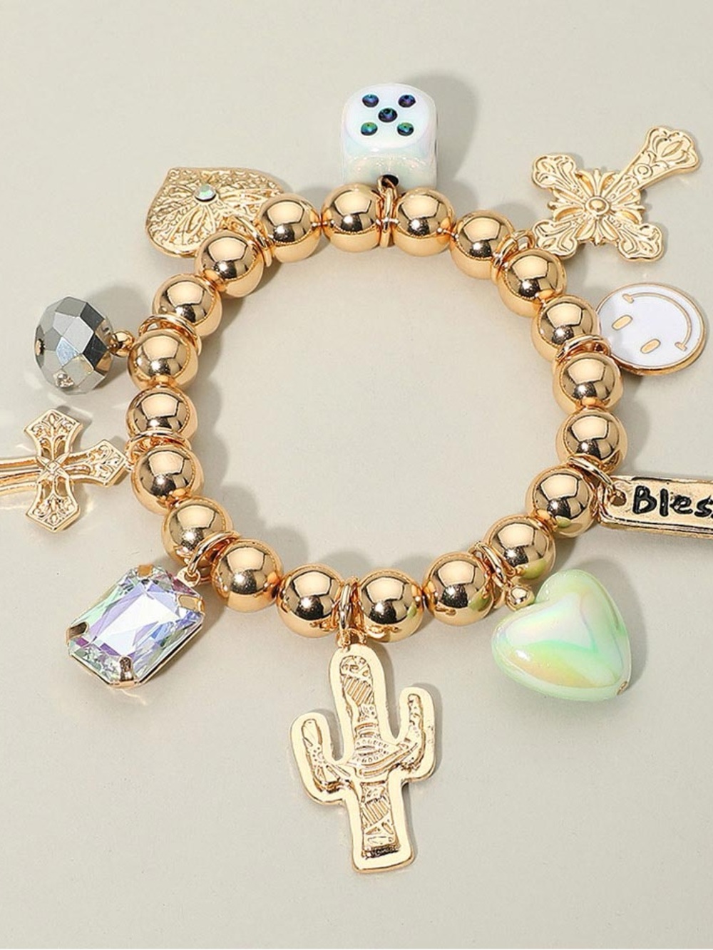 Gold Beaded Charm Bracelet with Mixed Charms - Women Jewelry